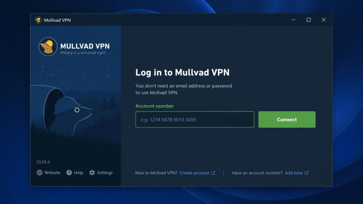 Mullvad VPN desktop app login screen showing the anonymous account number field with no email or password required, next to the connect button.