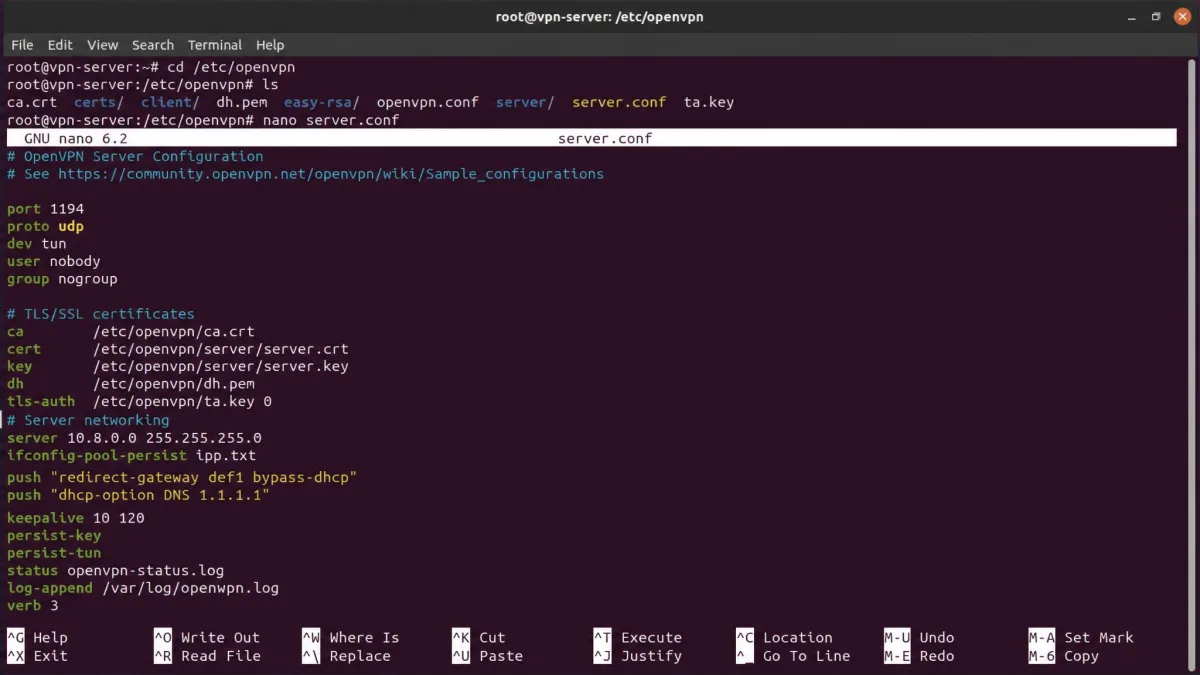 OpenVPN Community Edition being configured in a terminal on Linux, showing the server config file with certificate paths and the UDP port setting visible.