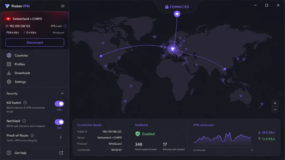 Proton VPN desktop app showing the interactive server map with an active connection, the kill switch toggle on, and NetShield enabled in the sidebar.