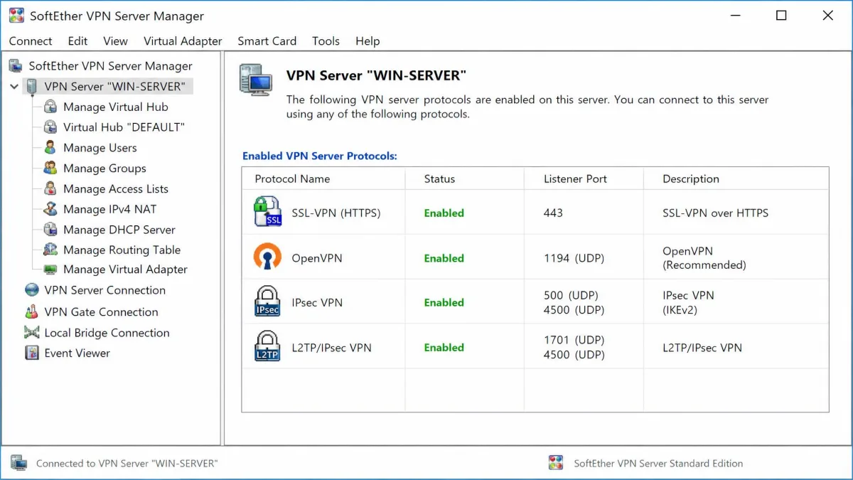 SoftEther VPN Server Manager on Windows showing the list of enabled protocols including SSL-VPN, OpenVPN, IPsec, and L2TP with the listener ports beside each.