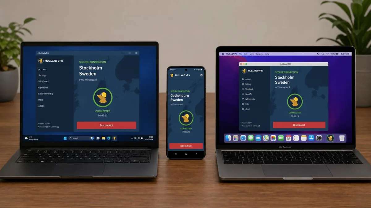 A Windows laptop, an Android phone, and a macOS laptop side by side, each running the native app of an audited open source VPN with an active connection.
