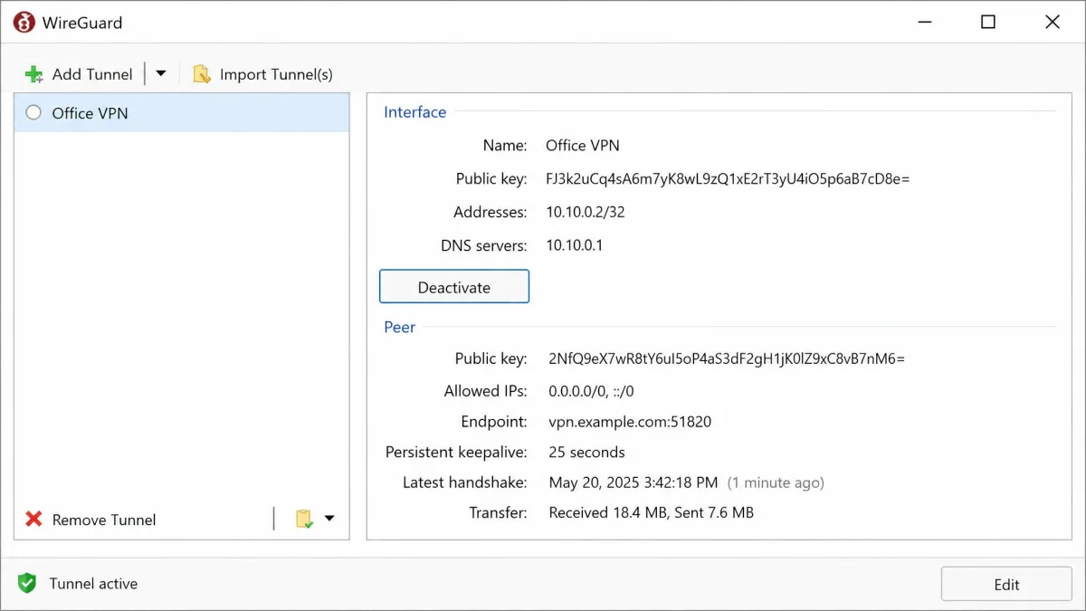 WireGuard client on Windows importing a tunnel configuration file, showing the peer public key, allowed IPs, and the active handshake timestamp after connecting.