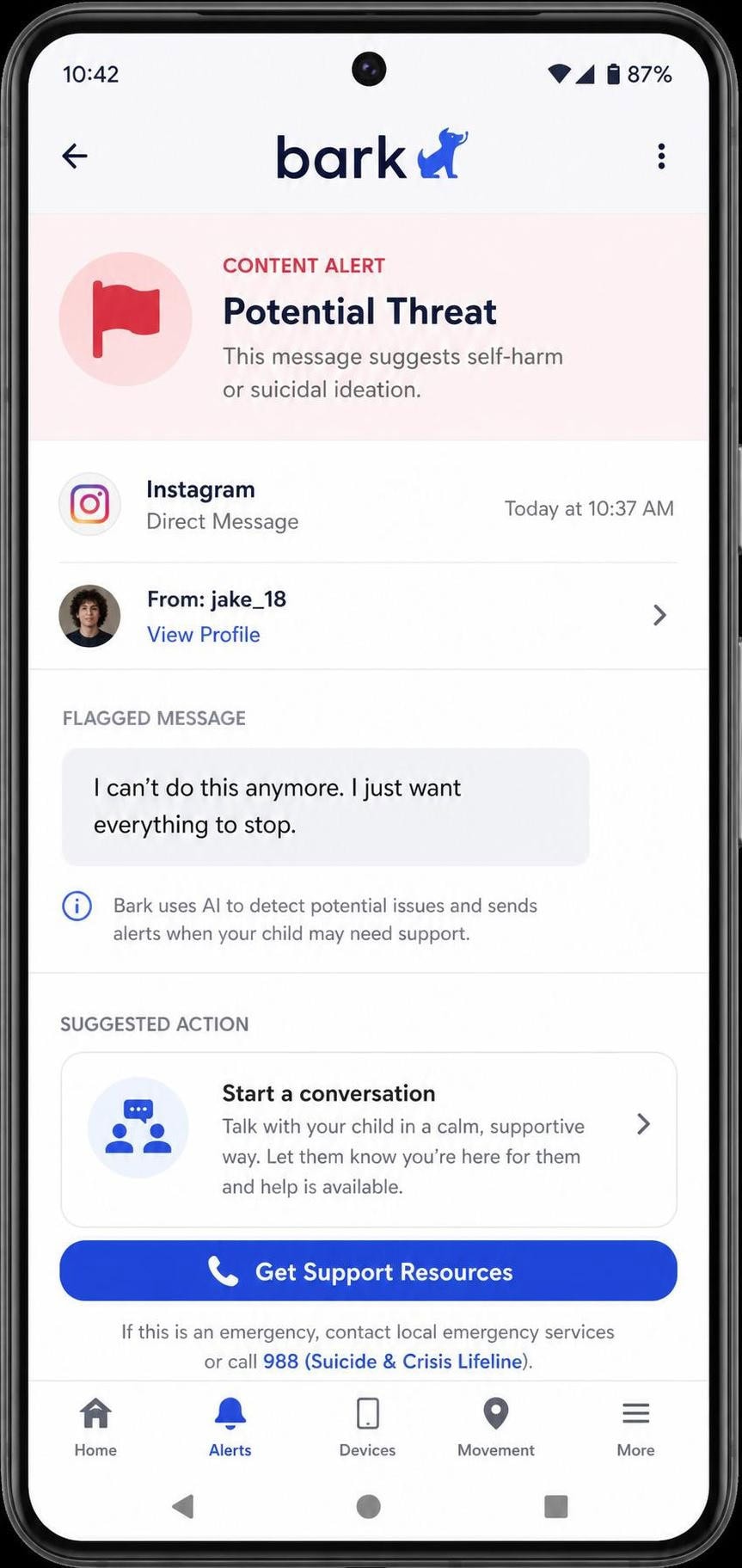 Bark parent app on Android showing a content alert flagging a concerning message, with the platform name and a suggested parent action.