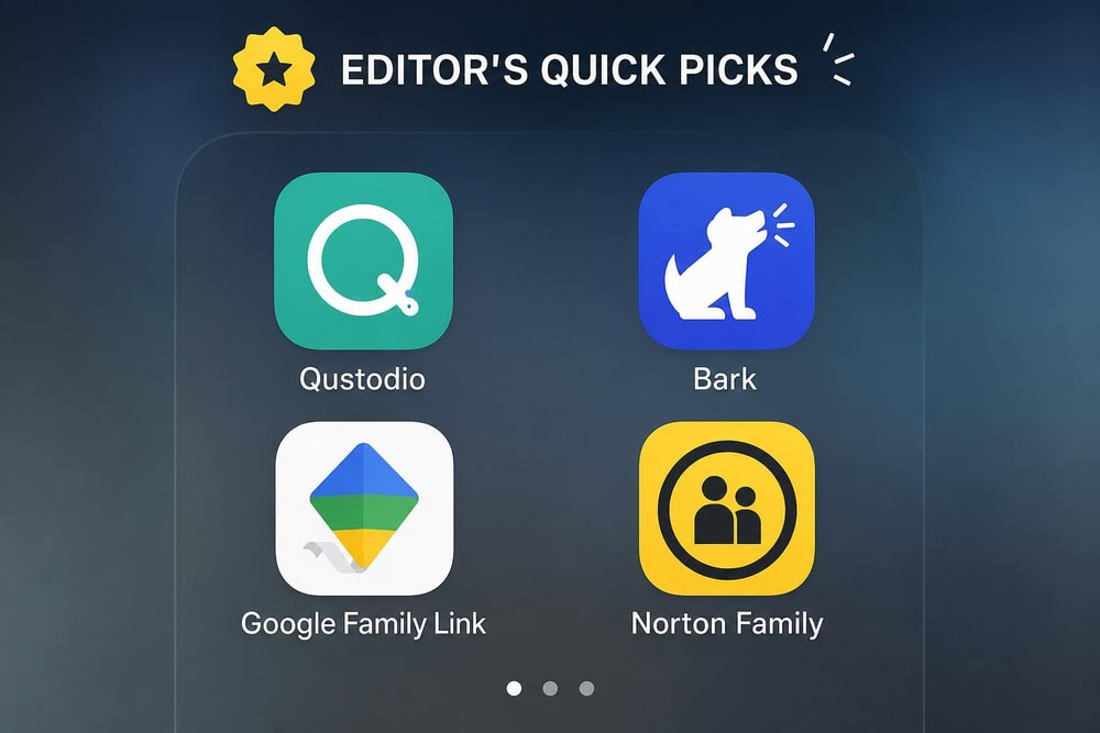 A grid of nine Android parental control app icons including Qustodio, Bark, Google Family Link, and Norton Family arranged as an editor's quick-picks lineup on a phone home screen.