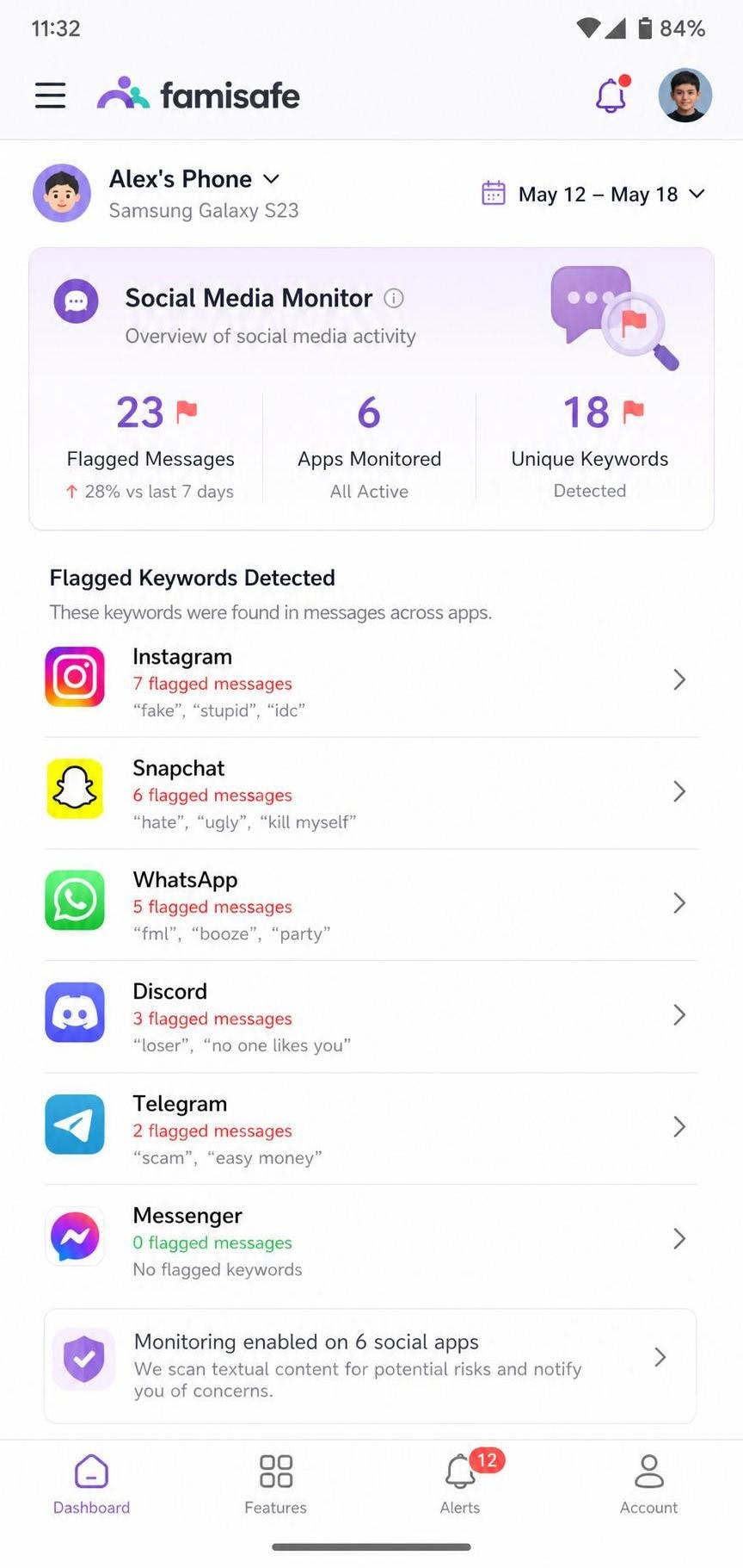FamiSafe parent app on Android showing a social media monitoring summary with flagged keywords detected across several messaging apps.