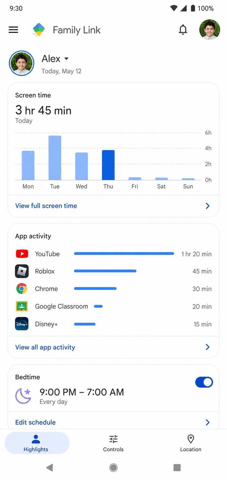 Google Family Link parent app on Android showing a child's daily screen time chart, app activity breakdown, and a Bedtime schedule toggle.