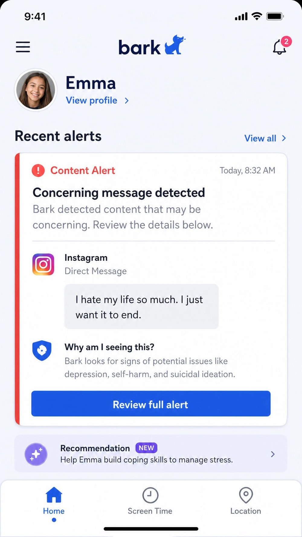 Bark parent app on an iPhone showing a content alert card flagging a concerning message, with screen-time and location tabs along the bottom.