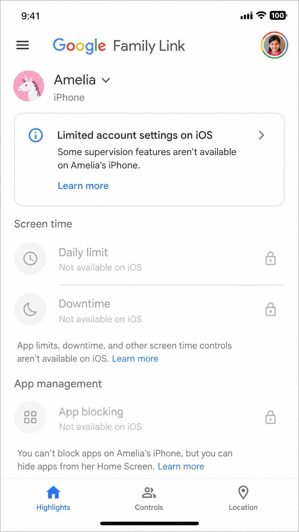 Google Family Link app on an iPhone showing a limited account-settings screen, with app-blocking and screen-time controls greyed out and unavailable on iOS.