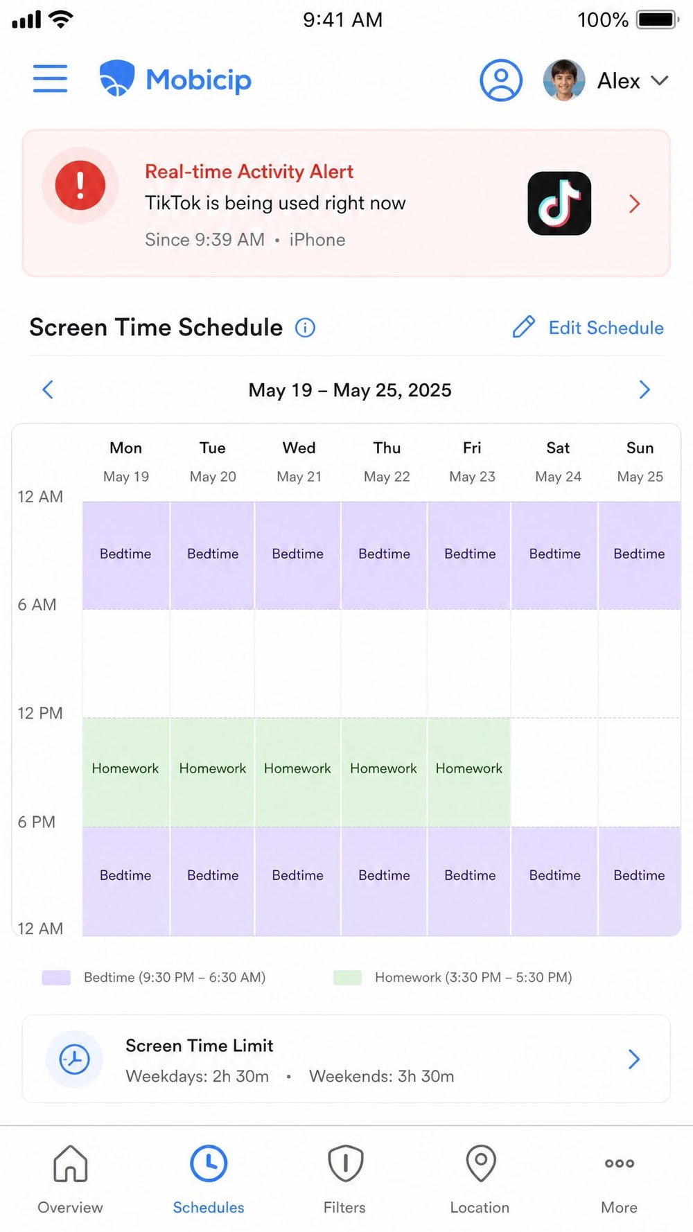Mobicip parent app on an iPhone showing a weekly screen-time schedule grid with bedtime and homework blocks shaded, plus a real-time activity alert at the top.