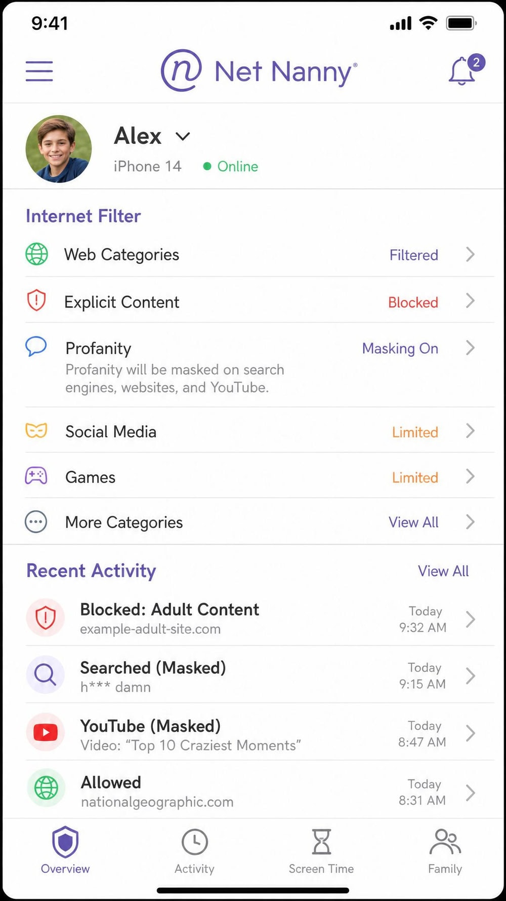 Net Nanny parent app on an iPhone showing the internet-filter category list with profanity masking enabled and a recent-activity feed below.