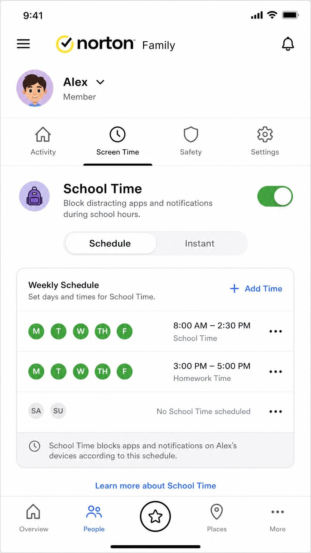 Norton Family on an iPhone showing the School Time scheduling screen and a web supervision report listing recently visited categories.