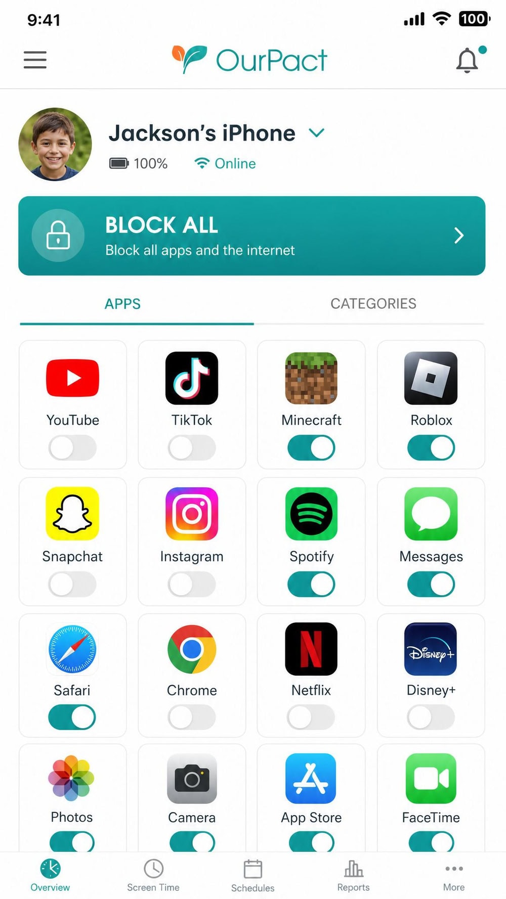 OurPact parent app on an iPhone showing a grid of the child's apps with several toggled off and a Block All button at the top.