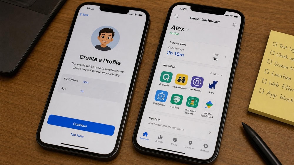 Two iPhones face-up on a desk during testing, one showing a child profile setup screen and the other showing a parent dashboard with eight parental-control apps installed in a folder.