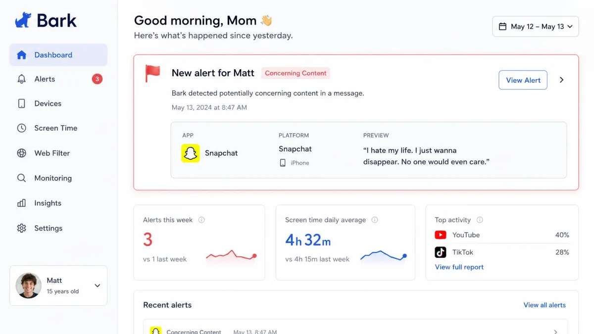 Bark's parent dashboard showing a flagged message alert for concerning content, with the app icon, platform, and a short preview of the flagged text.