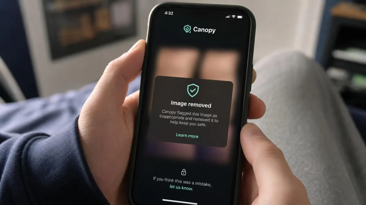 Canopy's filter blocking an image on a teenager's phone, showing the blurred content and a notification that the image was flagged and removed.