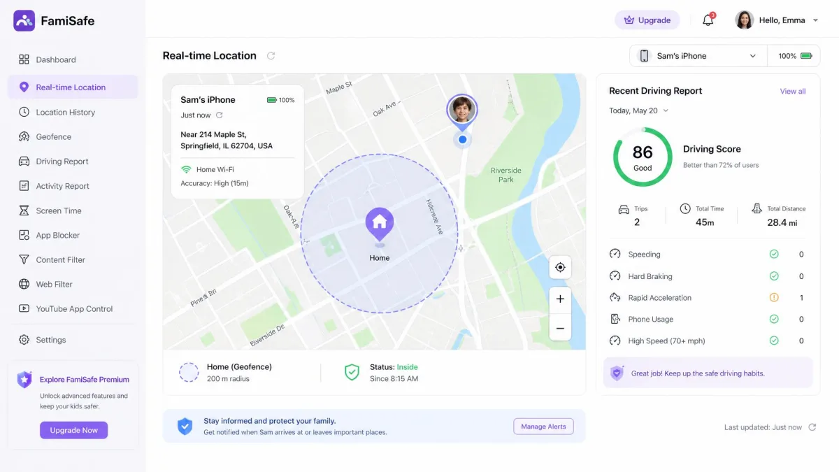 FamiSafe's real-time location map on the parent dashboard showing the supervised device's position with a geofence circle around home and a recent driving report summary.