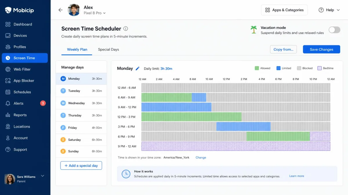 Mobicip's screen-time scheduler on the parent dashboard showing a weekday plan built in five-minute increments, with per-day rules and a vacation mode toggle.