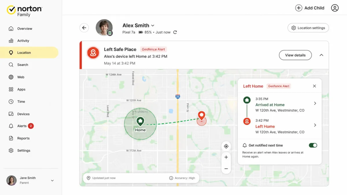 Norton Family's location screen on the parent dashboard showing a geofenced place alert that fired when the supervised device left the saved area.