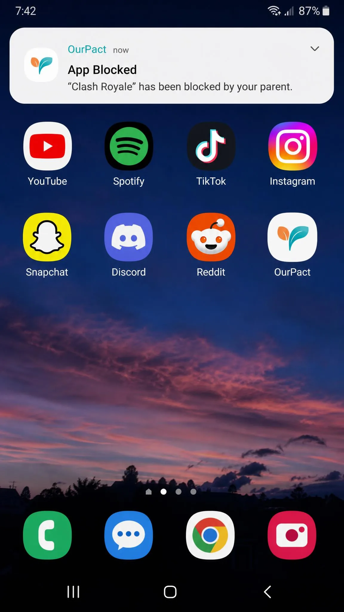 A teenager's Android home screen moments after a block in OurPact, with a game icon vanishing while the OurPact app icon remains.