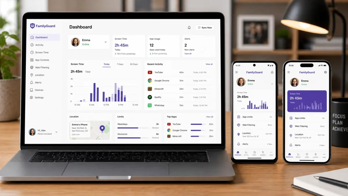 A parent dashboard running on a laptop next to a supervised Android phone and iPhone on a desk, with the parental control app open on all three devices.