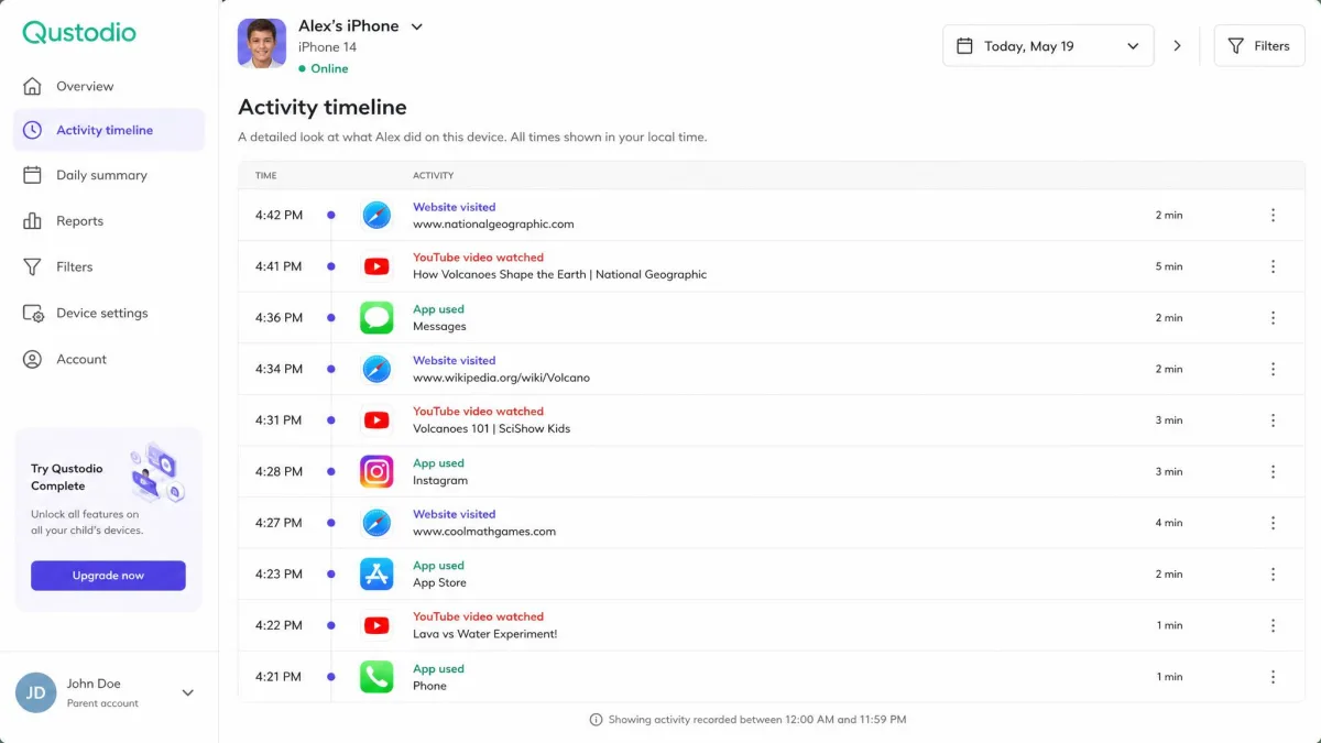 Qustodio's parent dashboard showing a minute-by-minute activity timeline for one device, with sites visited, apps used, and YouTube videos watched listed by time.