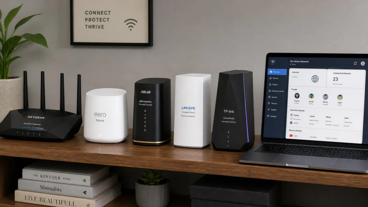 Five different parental control routers lined up on a shelf beside a laptop on the shelf showing a router management app.