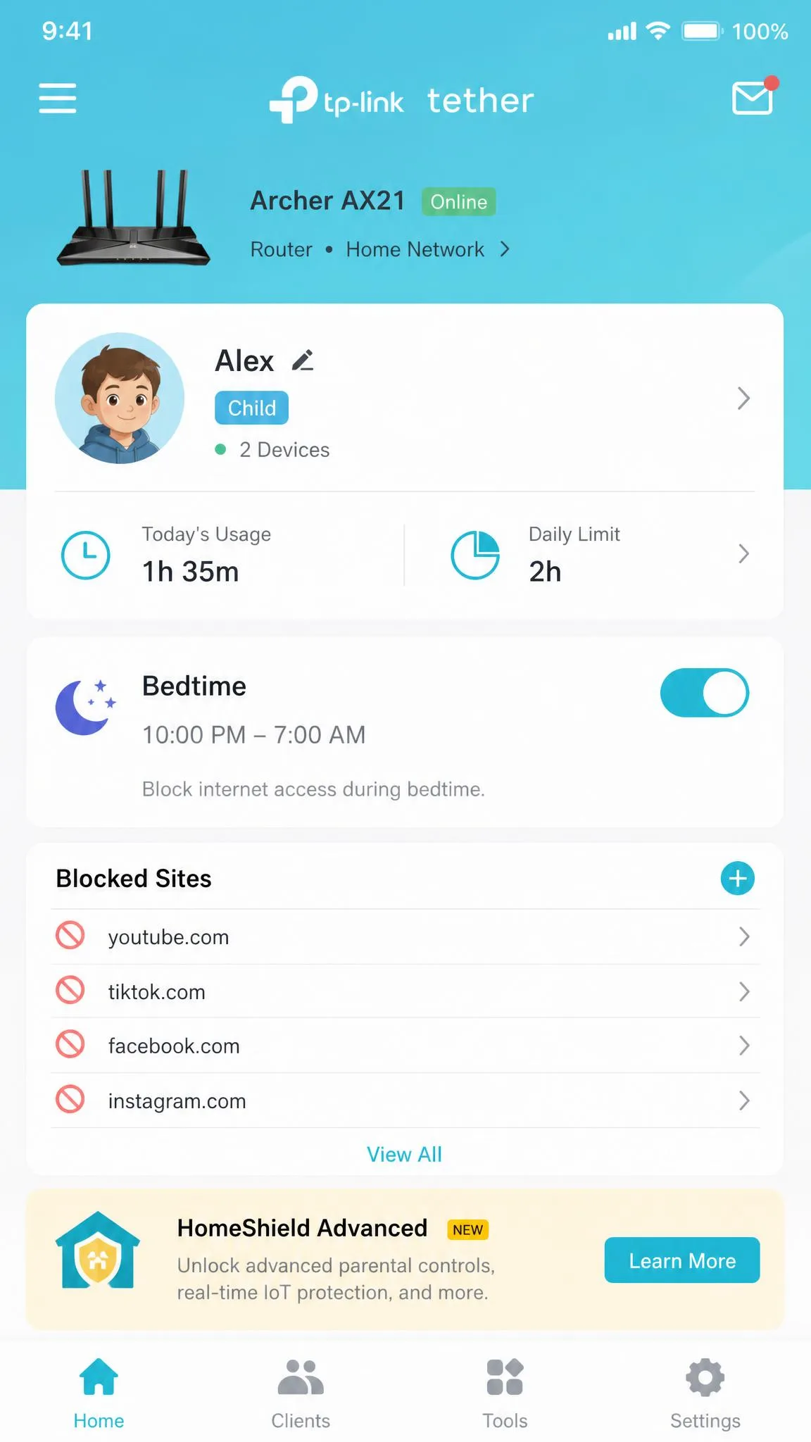 TP-Link Tether app showing a child profile on the Archer AX21 with a site block list, a bedtime toggle, and the HomeShield Advanced upsell banner.