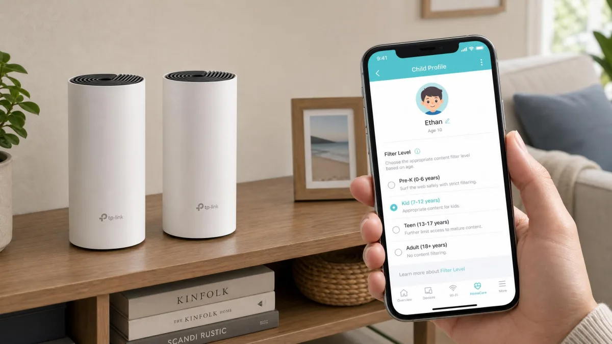Two white TP-Link Deco S4 mesh units on a shelf in a living room, with the Deco app open on a phone showing a child profile and an age-based filter level selector.