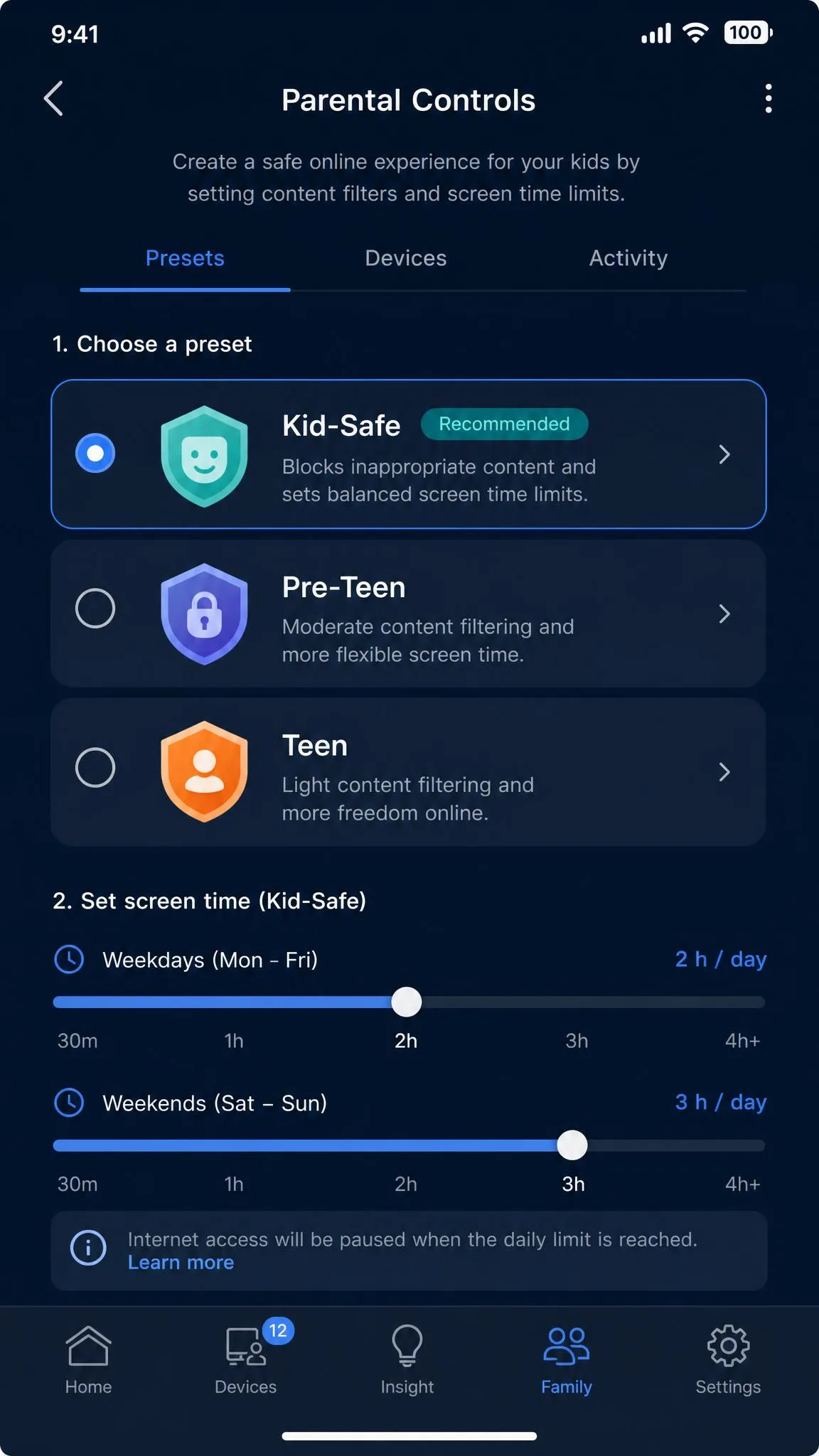 ASUS Router app parental controls screen with the Kid-Safe preset and screen time sliders.