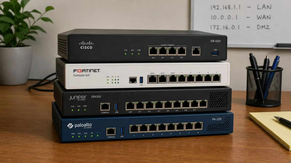 Four parental control network routers on a desk