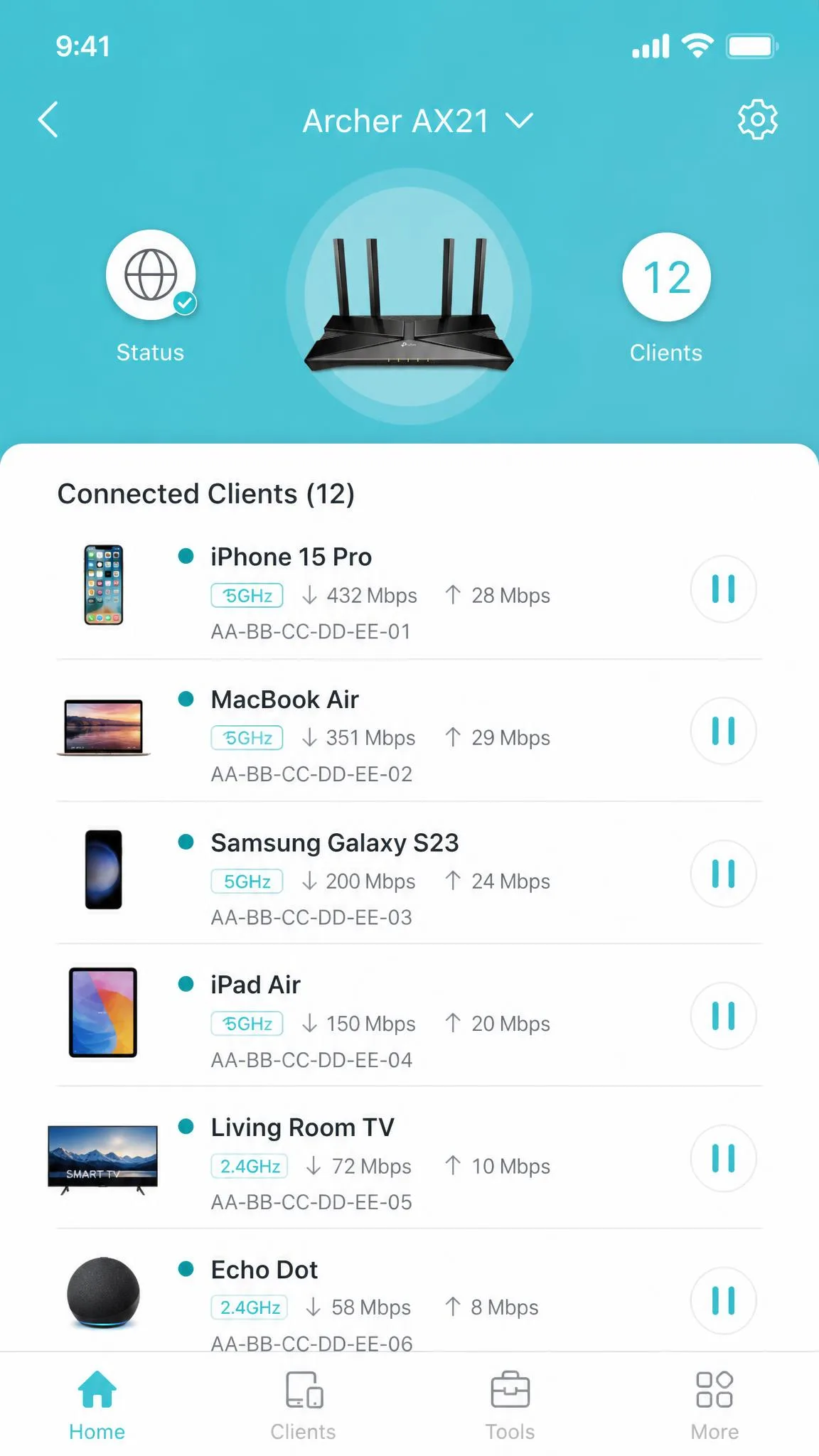 TP-Link Tether app device list showing the Archer AX21's connected devices with pause toggles.