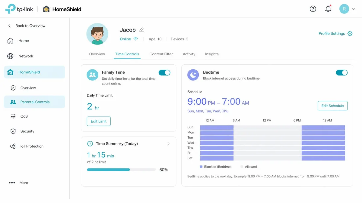 TP-Link HomeShield dashboard showing Family Time and Bedtime scheduling for a child's profile.