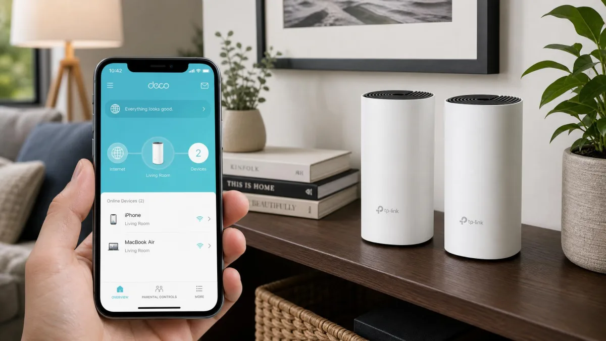 Two white TP-Link Deco S4 mesh units on a shelf in a living room with the Deco app open on a phone in the foreground.