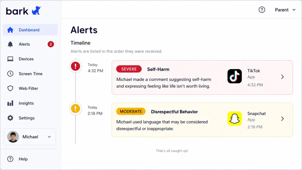 The Bark parent dashboard alert timeline with one message flagged severe and one moderate, each labelled with its app and arrival time.