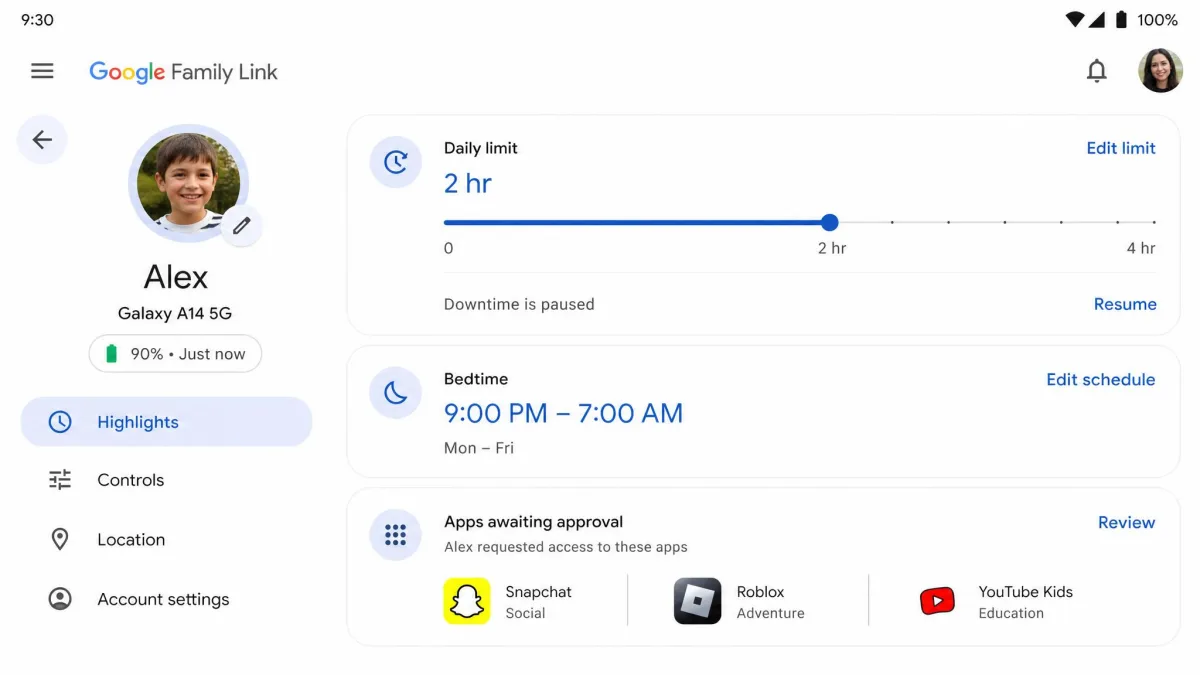 The Google Family Link parent screen showing a child profile with a screen-time cap slider, a bedtime schedule, and apps awaiting approval.