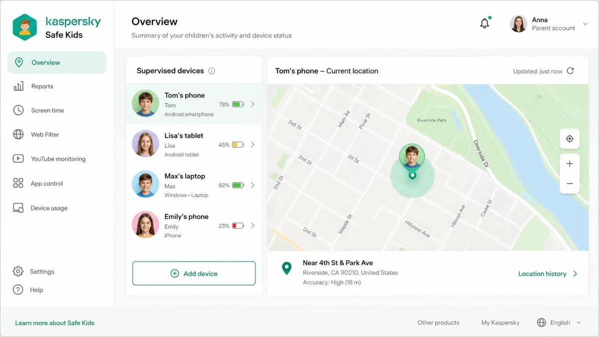 The Kaspersky Safe Kids parent view with a child device's current location on a map and a battery-level indicator for each supervised device.
