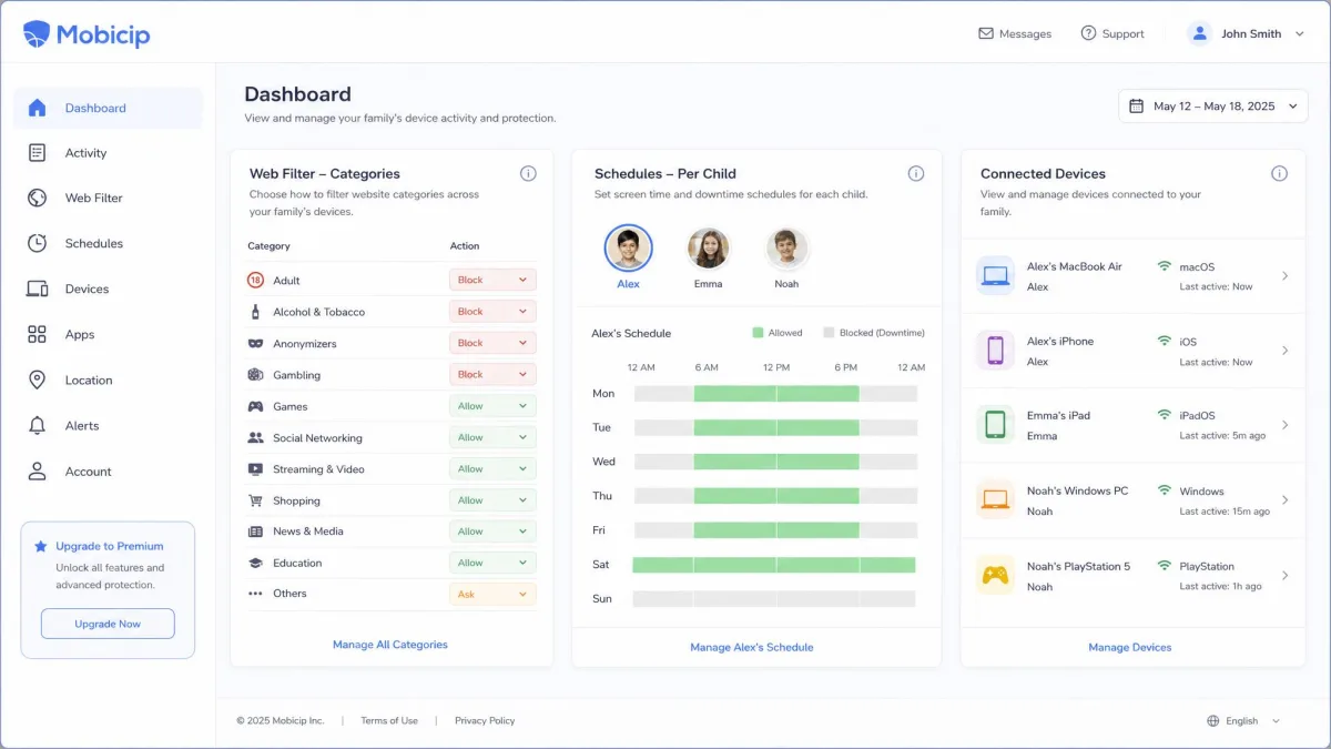 The Mobicip parent dashboard with the web filter category list, a per-child schedule view, and the list of connected devices.