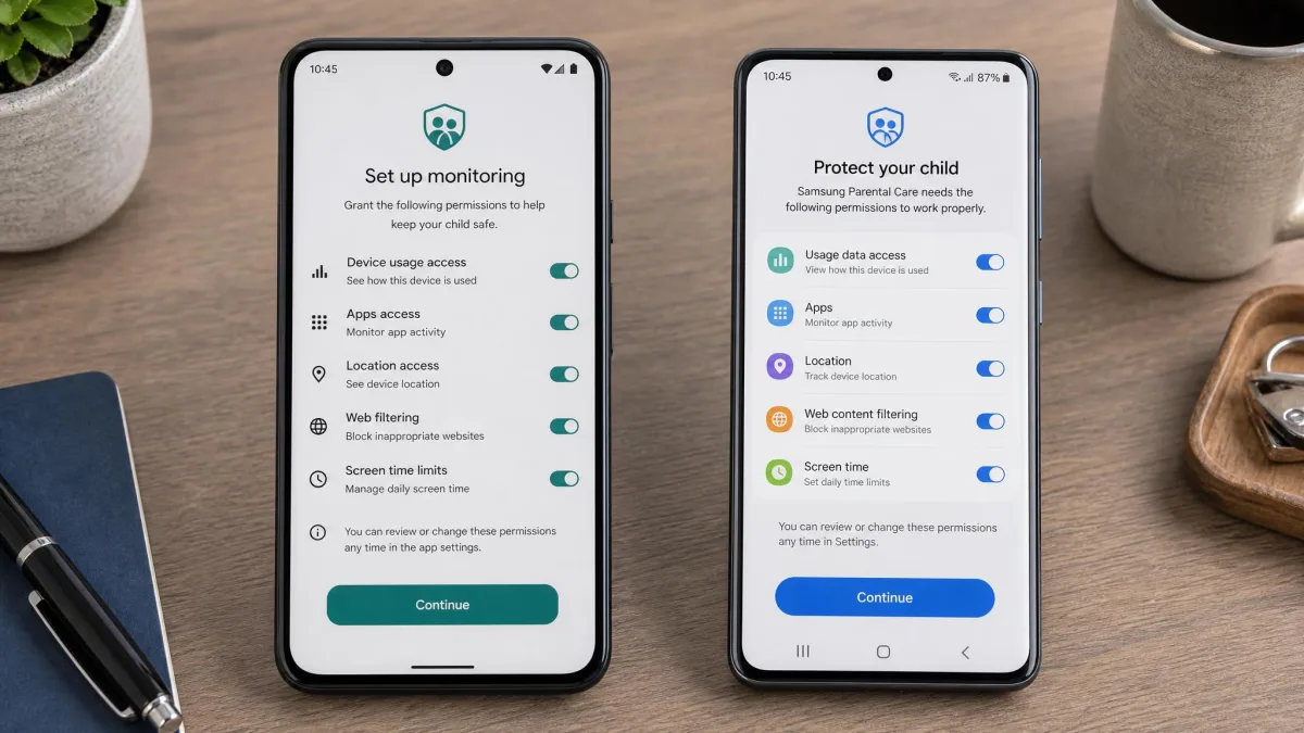 Two Android phones on a desk, a Pixel and a Samsung Galaxy, each showing a parental monitoring app's setup screen with permission toggles.