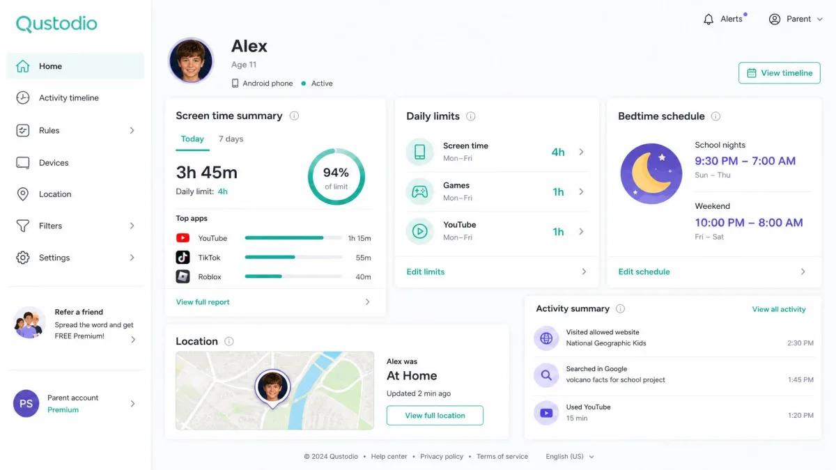 The Qustodio parent dashboard with a screen-time summary for one child, daily limits, bedtime schedules, and a location map thumbnail.