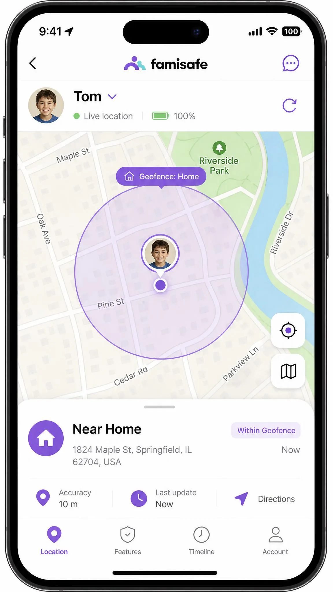 FamiSafe's location screen on an iPhone showing a child's live position on a map with a geofence boundary circle and an address card below it.