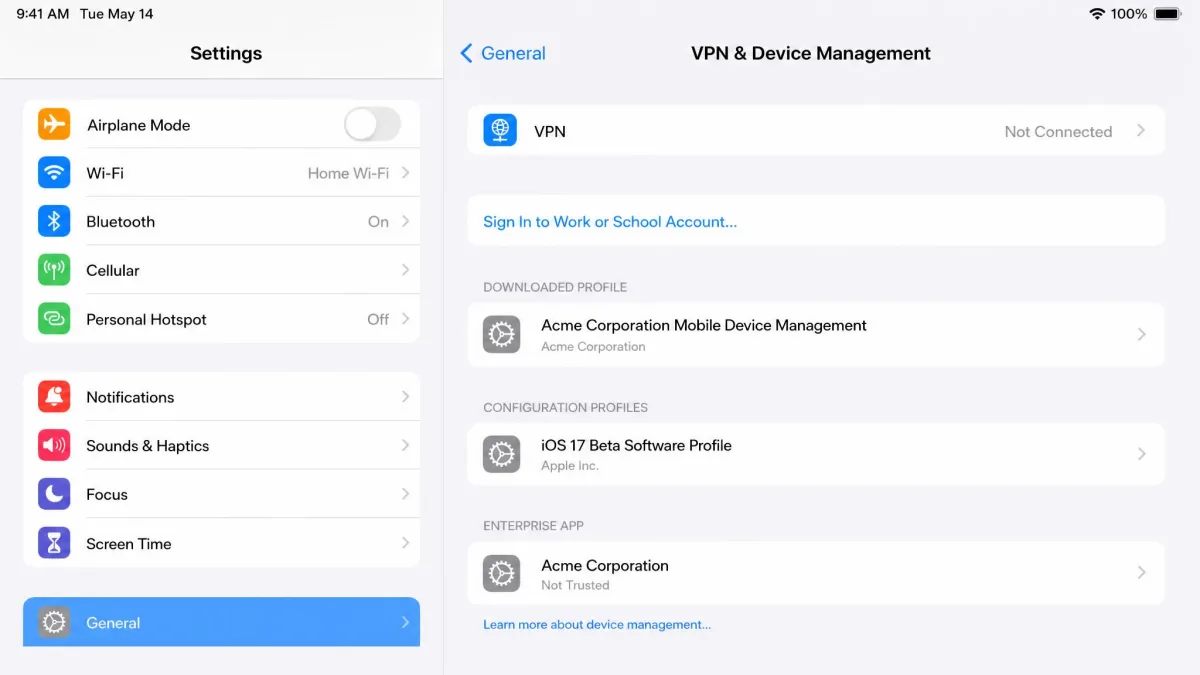 The VPN and Device Management screen in iOS Settings showing a downloaded management profile ready to install.