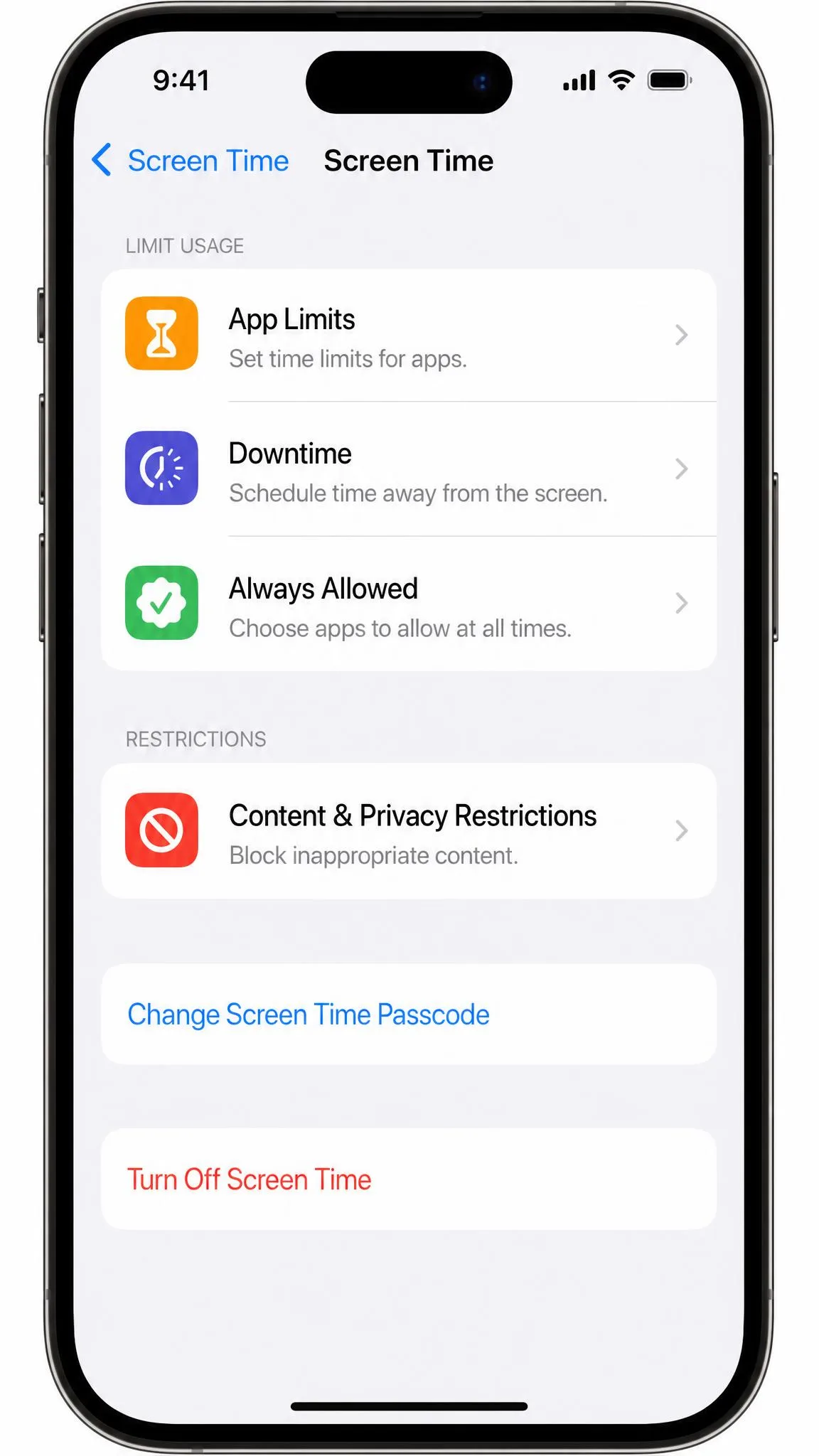Apple Screen Time settings on an iPhone showing the App Limits, Downtime, and Content and Privacy Restrictions menus.