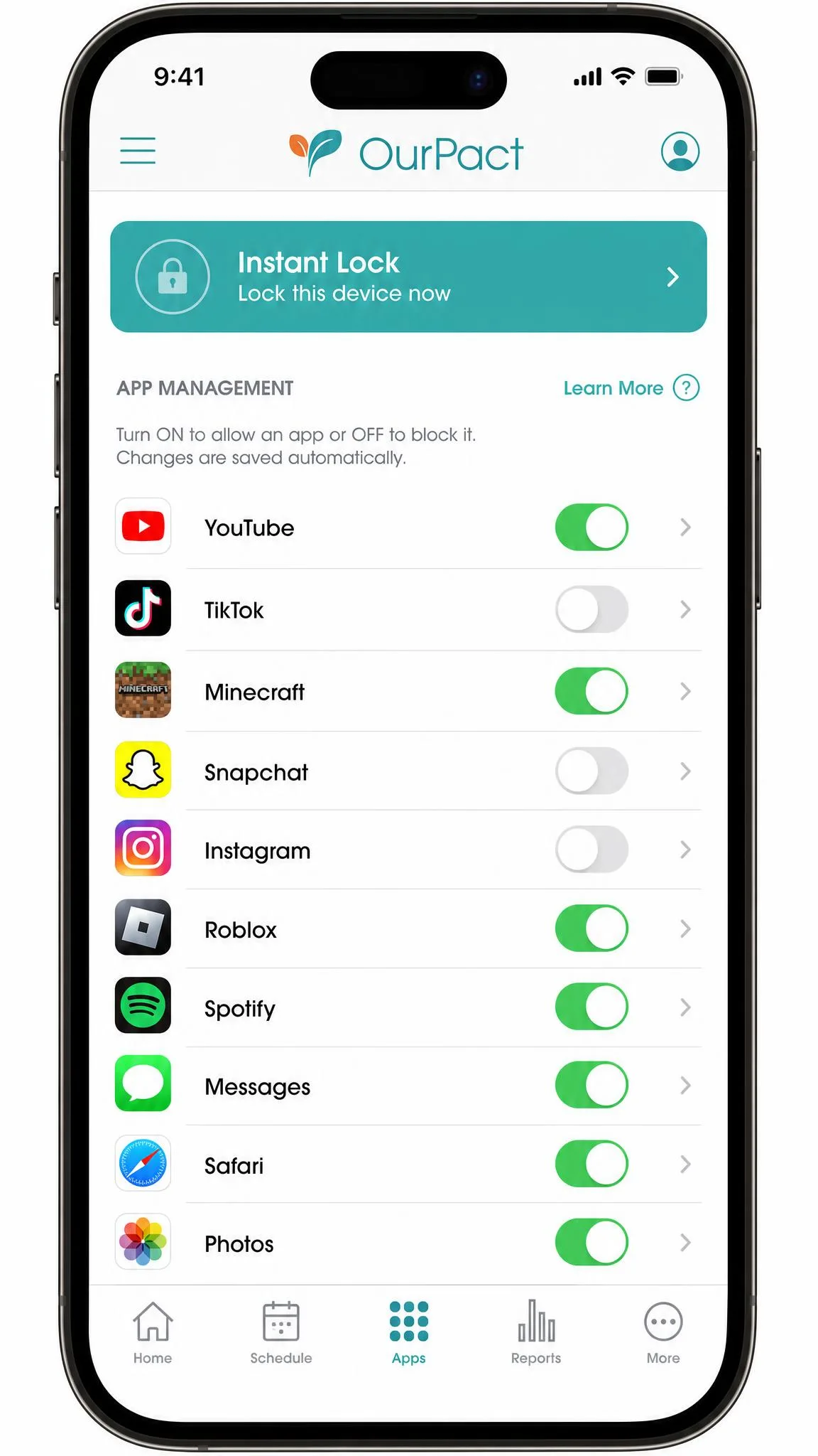 OurPact's app list on an iPhone showing per-app block toggles for each installed app and an Instant Lock button at the top of the screen.
