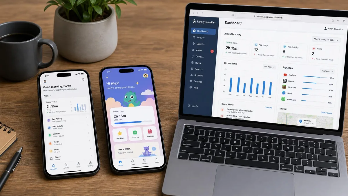 Two iPhones laying side by side on a desk, one showing a parental control parent dashboard and the other a child app, with a laptop open to the monitoring portal.