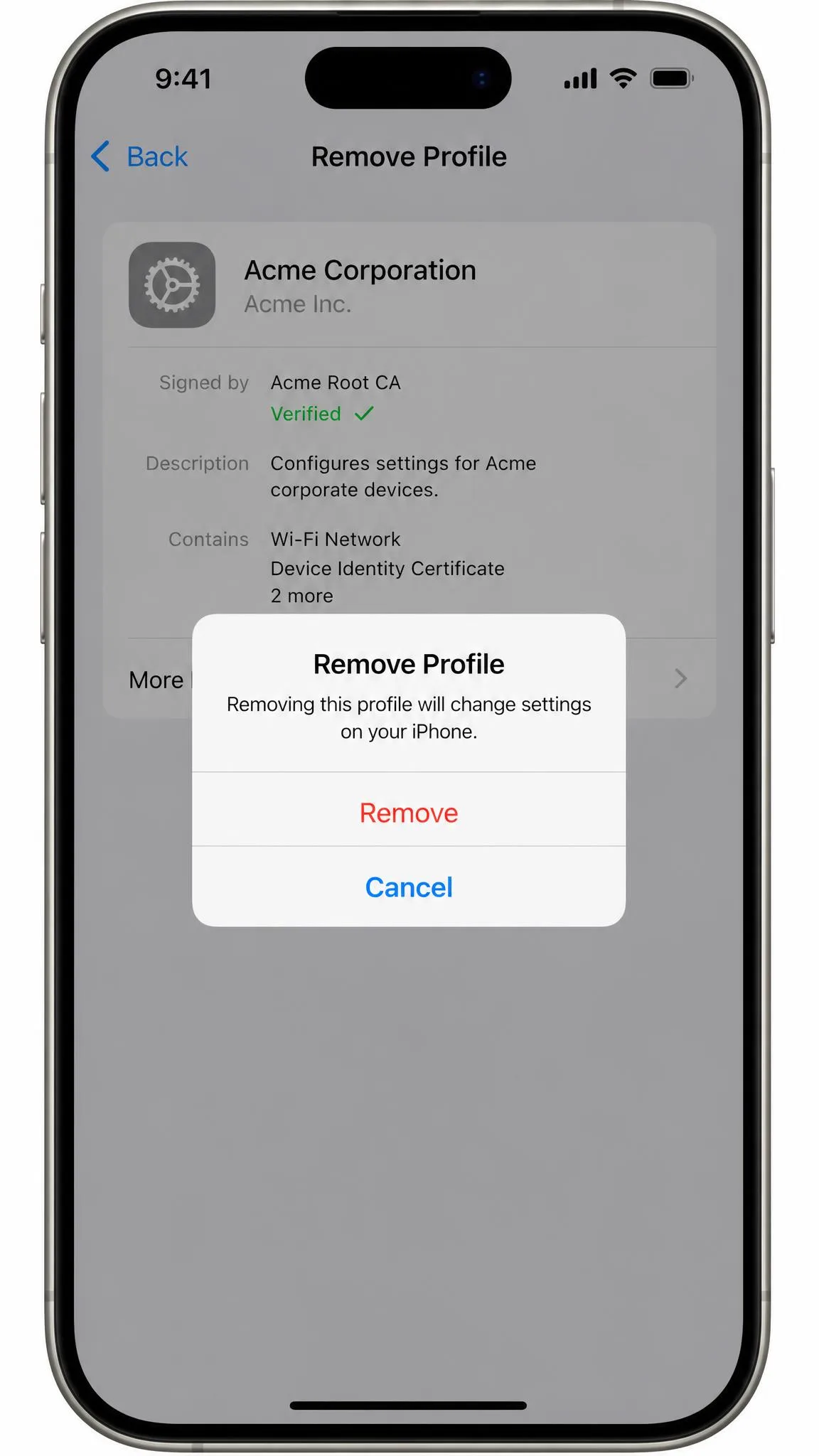 The Remove Profile confirmation dialog on an iPhone, showing how a management profile can be removed from Settings.