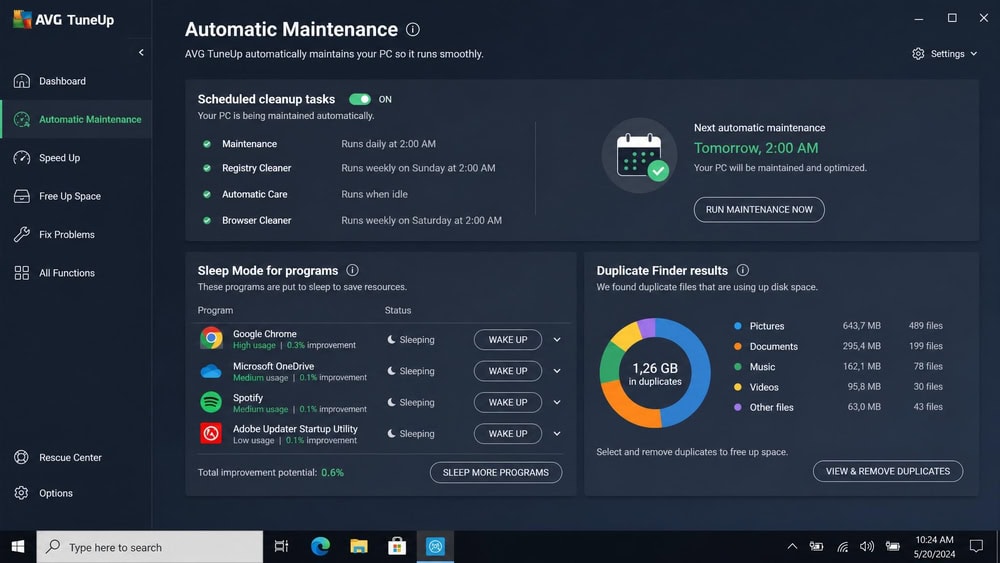 AVG TuneUp automatic maintenance screen on Windows with scheduled cleanup tasks, a sleep-mode app list, and duplicate-finder results.