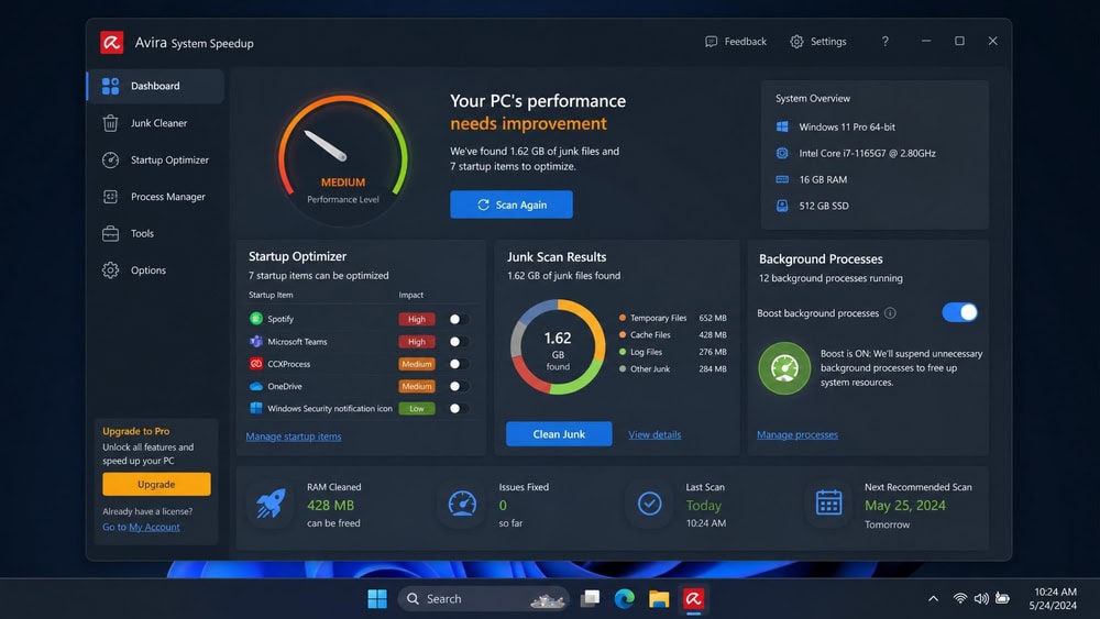 Avira System Speedup dashboard on Windows 11 with a startup optimizer, junk-scan results, and a "Boost" toggle for background processes.