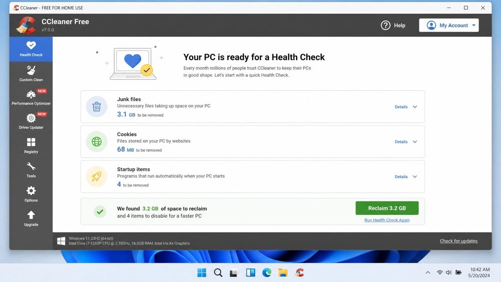 CCleaner 7 Health Check screen on Windows 11 listing junk files, cookies, and startup items with a green "reclaim 3.2 GB" button.