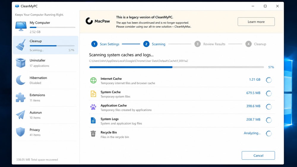 Legacy CleanMyPC interface on Windows showing a multi-step Cleanup scan of caches and logs beside a MacPaw "discontinued" banner.