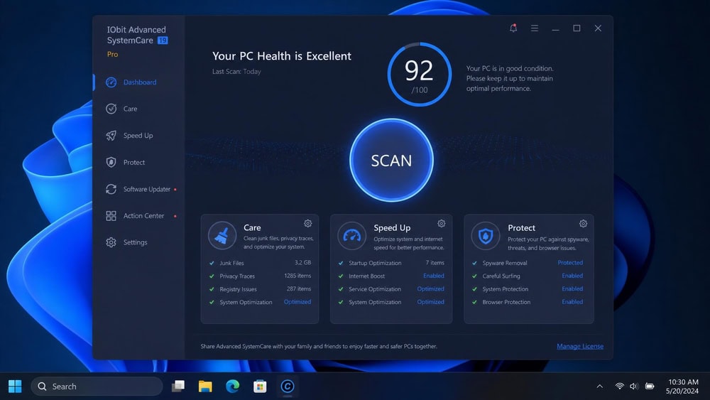 IObit Advanced SystemCare 19 dashboard on Windows 11 with a large Scan button, Care, Speed Up, and Protect modules, and a 92 health score.